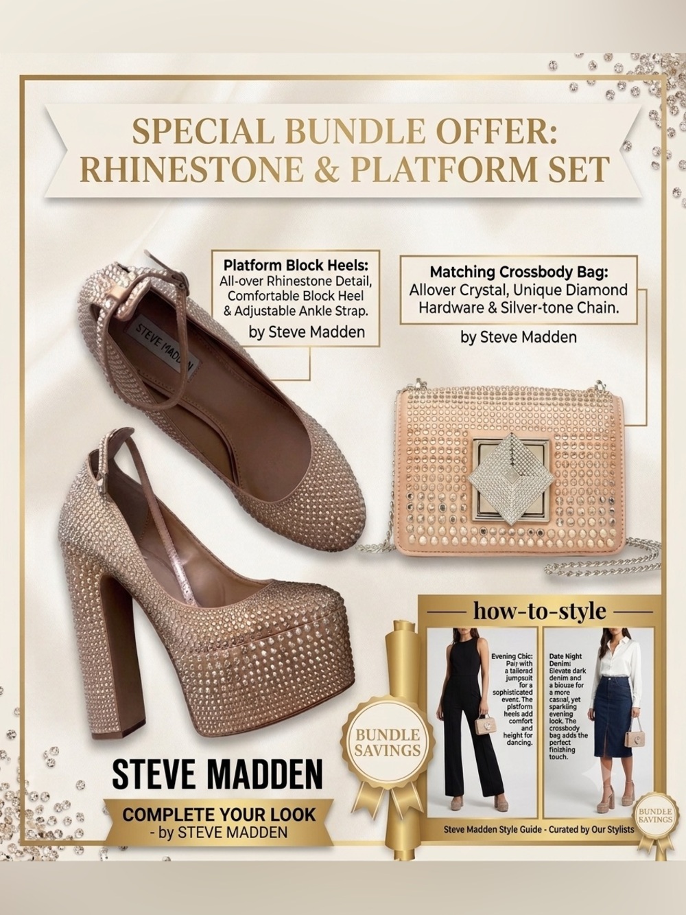 STEVE MADDEN SKYRISE RHINESTONES PLATFORMS AND CLUTCH BUNDLE